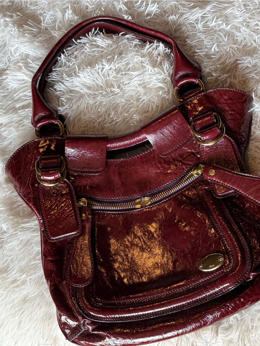 Chloe Burgundy Patent Leather Shoulder Bag with Gold Hardware